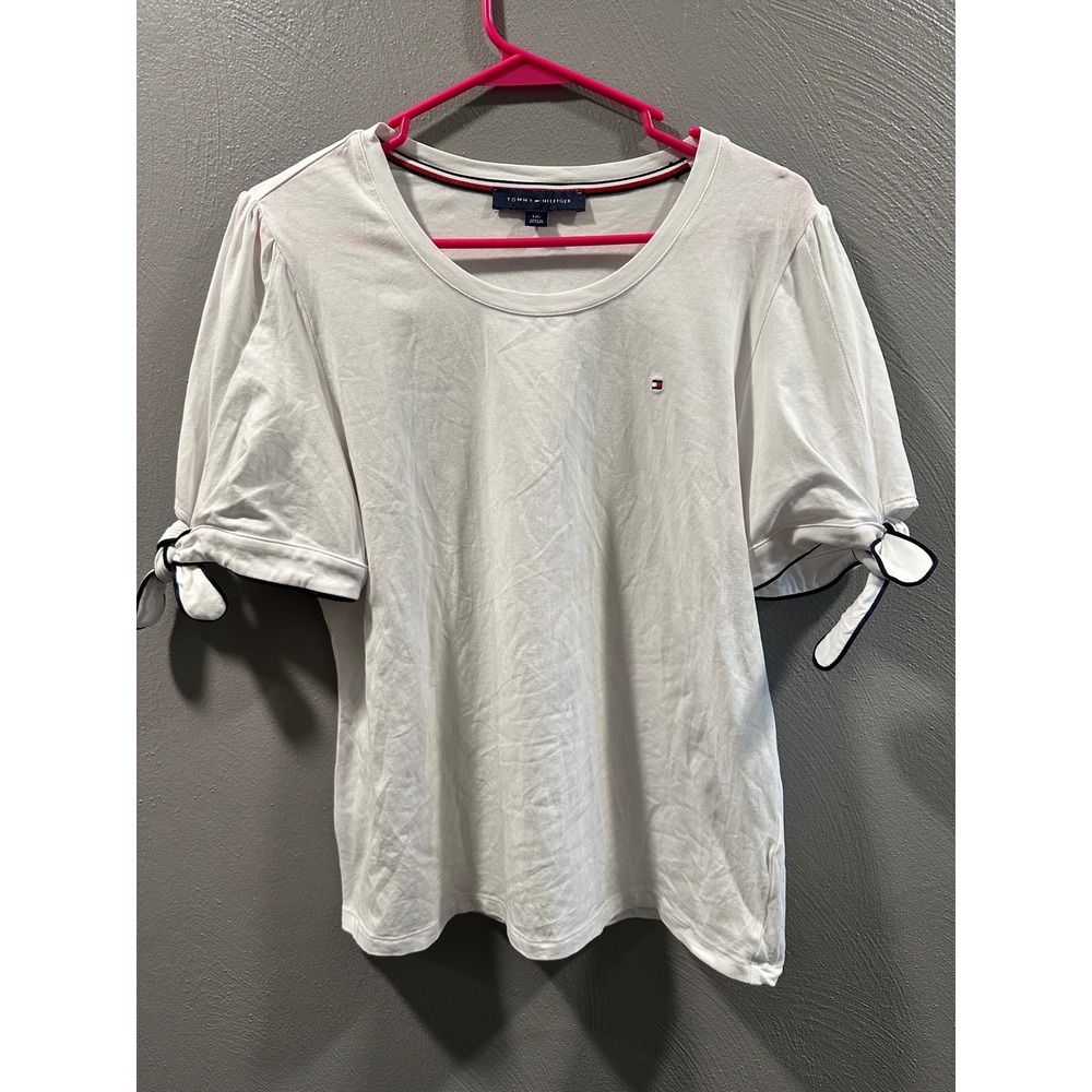 Tommy Hilfiger Womens White Puff Sleeve Tie Cuff Scoop Neck T-Shirt Size Large
